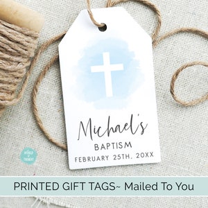 Personalized Blue Watercolor Cross Boy Baptism Tags | Custom Finished Cardstock Party Favor Gift Hang Tags