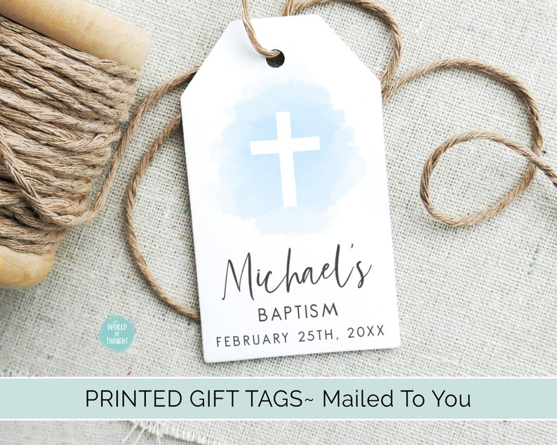 Personalized Blue Watercolor Cross Boy Baptism Tags Custom Finished Cardstock Party Favor Gift Hang Tags image 1