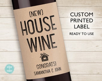 New House Wine Bottle Label - Custom Housewarming Gift Idea, Realtor New Home Neighbor Present, Rustic Kraft Congratulations, Personalized