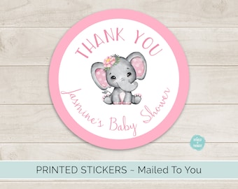 Elephant Baby Shower Favor Stickers, Custom Personalized Round Circle Favor Labels | Pink Baby Elephant WT002P