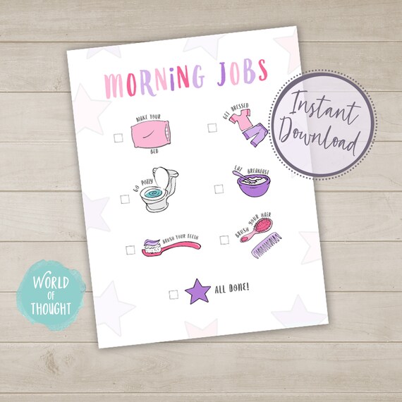Morning Jobs Responsibility Chore Chart PDF Instant Download.