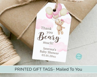 Personalized Pink Bear with Balloons Baby Shower Tags | Custom Finished Cardstock Party Favor Gift Hang Tags