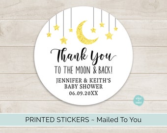 Moon and Stars Baby Shower Favor Stickers, Custom Personalized Round Circle Baby Shower Favor Labels | Twinkle Twinkle Little Star Favors