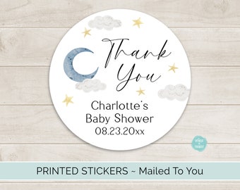 PRINTED Moon & Stars Round Favor Stickers, Custom Personalized Baby Shower Favor | Twinkle Twinkle Little Star Baby Sprinkle Favor WT003