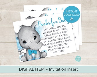 Elephant Boy Bowtie Insert for Baby Shower Invitations - Baby's First Library, Please Bring A Book Card Printable Instant Download