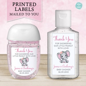 Baby Elephant Baby Shower Favor Labels, Custom Personalized Baby Shower Hand Sanitizer Favor Stickers Pink Flower Baby Girl Shower WT002P image 1