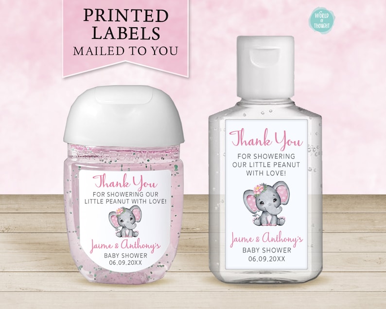 Baby Elephant Baby Shower Favor Labels, Custom Personalized Baby Shower Hand Sanitizer Favor Stickers Pink Flower Baby Girl Shower WT002P image 1