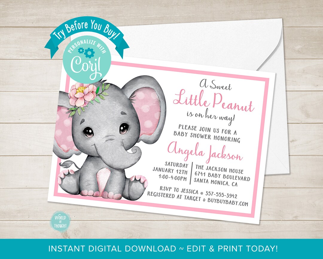 INSTANT DOWNLOAD Editable Pink Baby Elephant Baby Shower Invitation ...