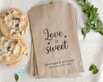 Wedding Bridal Shower Favor Treat Bag - Custom Personalized Paper Bags - Love is Sweet Theme Cookie Candy Bar Favor Bags