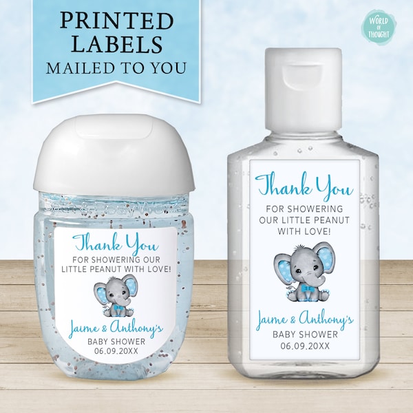 Baby Elephant Baby Shower Favor Labels, Custom Personalized Baby Shower Hand Sanitizer Favor Stickers | Elephant with Bowtie Favors