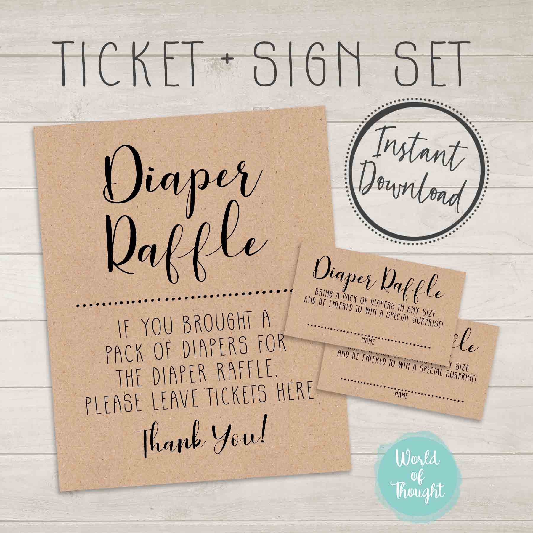 Diaper Raffle Ticket Sign Set Rustic Kraft Brown Paper Etsy