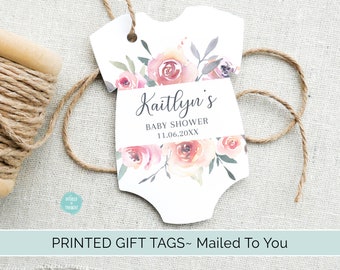 Watercolor Floral Baby Shower Favor Tags | Custom Personalized Bodysuit One Piece Cardstock Party Favor Gift Hang Tags