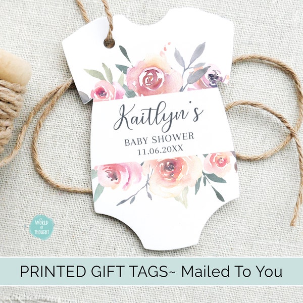 Watercolor Floral Baby Shower Favor Tags | Custom Personalized Bodysuit One Piece Cardstock Party Favor Gift Hang Tags