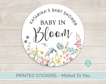 Baby In Bloom Baby Shower Favor Stickers, Custom Personalized Round Circle Baby Shower Favor Labels | A Little Wildflower is Coming 101B