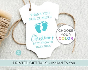 Baby Footprint Baby Shower Favor Tags | Custom Personalized Bodysuit One Piece Cardstock Party Favor Gift Tags