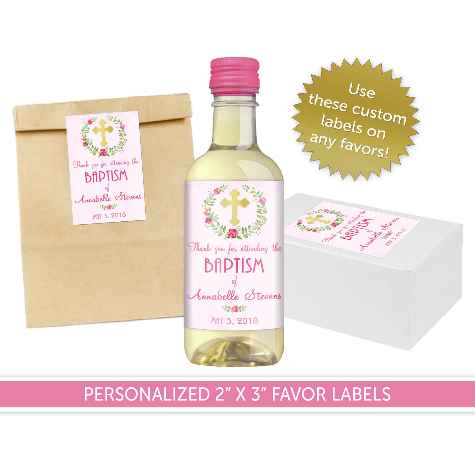 Baptism Party Favor Mini Wine Bottle Label Pink Girl Cross & Etsy