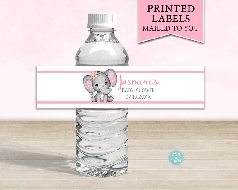 PRINTED Elephant Girl Flower Theme Baby Shower Water Bottle Label Wrap Personalized Water Bottle Labels WT002P image 1