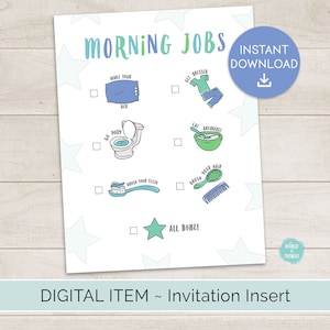 Gráfico de tareas de responsabilidad de trabajos matutinos PDF Descarga instantánea / Imágenes perfectas para niños pequeños o niños pequeños / Tema de color azul y verde