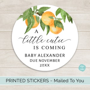 Little Cutie Baby Shower Favor Stickers, Custom Personalized Round Circle Baby Shower Favor Labels | A Little Cutie Is Coming