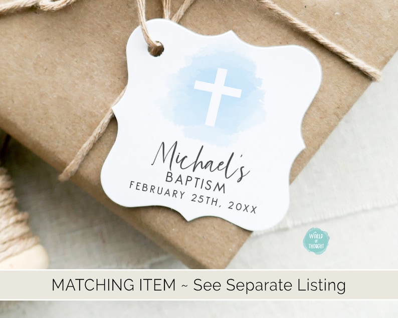 Personalized Blue Watercolor Cross Boy Baptism Tags Custom Finished Cardstock Party Favor Gift Hang Tags image 4