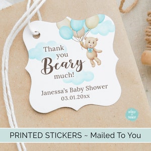 PRINTED Personalized Blue Baby Boy Teddy Bear Gift Tags | Custom Finished 2 Inch Square Cardstock Party Favor Gift Hang Tags
