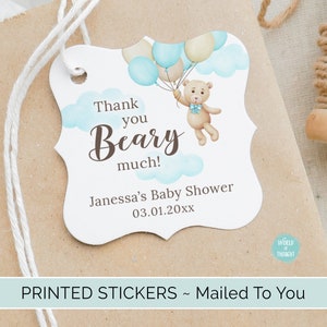 Teddy Bear Baby Shower Favor Tags | Personalized 2 Inch Square Cardstock Party Favor Gift Hang Tags | We Can Bearly Wait WT005BL