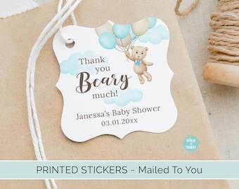 PRINTED Personalized Blue Baby Boy Teddy Bear Gift Tags | Custom Finished 2 Inch Square Cardstock Party Favor Gift Hang Tags