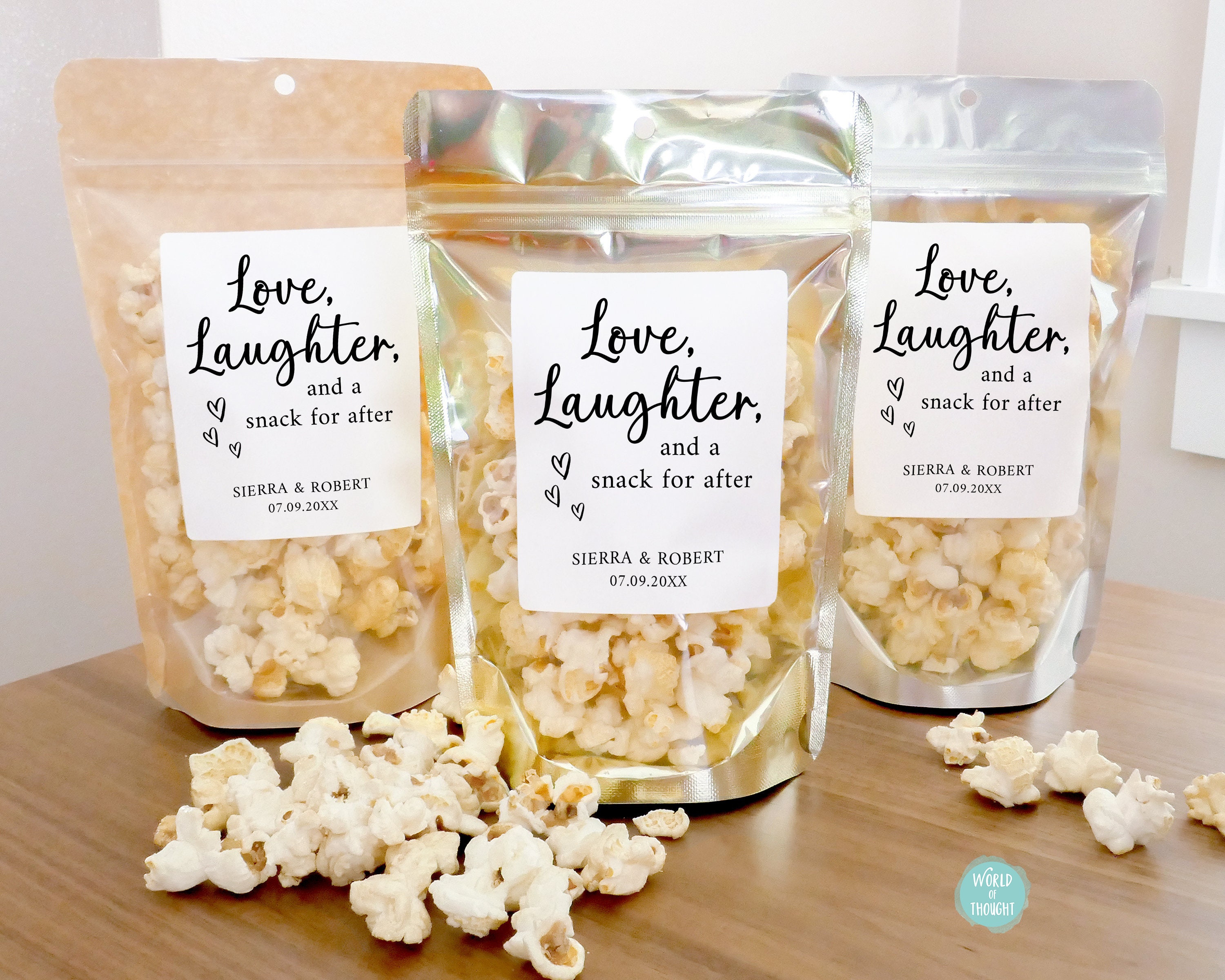 Wedding Favor Bags With Stickers, Wedding Treat Bags, Love Laughter and a Snack for After Favors, Stand Up Pouches, Bridal Shower Favors