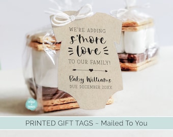 PRINTED Personalized S'more Baby Shower Tags | Custom Finished One Piece Cardstock Party Favor Gift Hang Tags