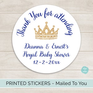 PRINTED Royal Prince Crown Round Circle Favor Stickers, Custom Personalized Treat Bag Labels or Hostess Gift | Boy Baby Shower Party Favors