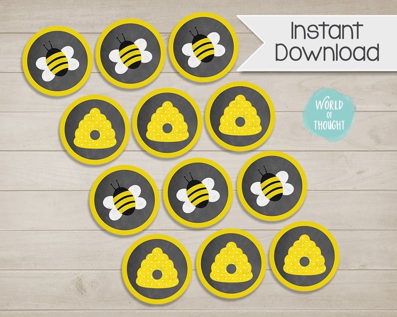 Confetti Birthday Party Chalkboard Design Cupcake Toppers Bumble Bee Baby Shower Gift Tags Bumblebee Gender Reveal DIY Printable 0001