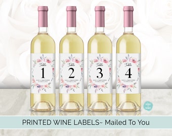 Custom Wedding Table Numbers Wine Bottle Labels | Romantic Watercolor Flower Personalized Printed Sticker for Centerpiece, Seating Chart