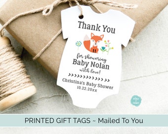 Woodland Fox Baby Shower Favor Tags | Forest Animal Favor Tag, Custom Personalized Bodysuit One Piece Cardstock Party Favor Gift Tags