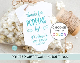 Popcorn Baby Shower Favor Tags | Thanks for Popping By! Custom Personalized Bodysuit One Piece Cardstock Party Favor Gift Hang Tags