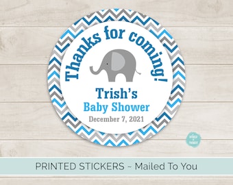 Elephant Baby Shower Favor Stickers, Custom Personalized Round Circle Treat Bag Labels | Blue and Gray Chevron Elephant