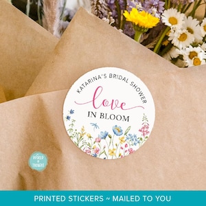 Love In Bloom Bridal Shower Favor Stickers | Round Thank You Favor Label, Wildflower Wedding Shower Favor WT001