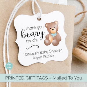 Personalized Blue Baby Boy Teddy Bear Gift Tags | Custom Finished 2 Inch Square Cardstock Party Favor Gift Hang Tags