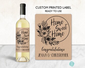 New House Wine Bottle Label - Custom Housewarming Gift Idea, Realtor New Home Neighbor Present, Rustic Kraft Home Sweet Wreath, Personalized