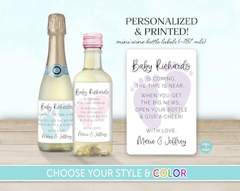 PRINTED Baby Shower Party Favor Mini Wine Bottle Label | Choose Your Color | Custom Hostess Gift, Personalized Wine Sticker