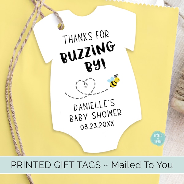 Bumble Bee Baby Shower Favor Tags | Honey Bee Tags, Thanks for Buzzing By, Custom Personalized Bodysuit One Piece Cardstock Party Favor Tags