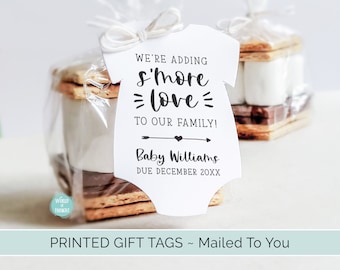 S'more Love Baby Shower Favor Tags | We're Adding S'more Love To Our Family Custom Personalized One Piece Cardstock Party Favor Gift Tags