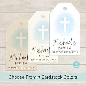 Personalized Blue Watercolor Cross Boy Baptism Tags Custom Finished Cardstock Party Favor Gift Hang Tags image 2