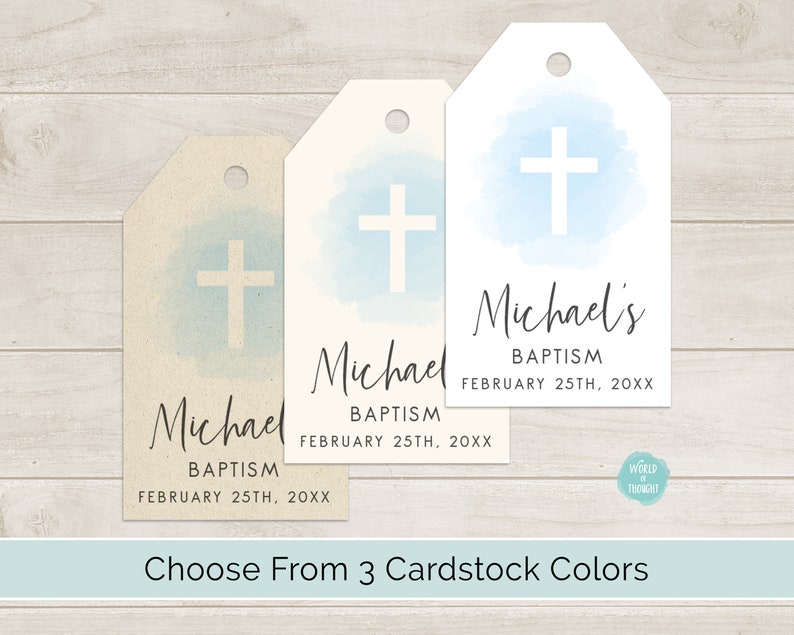 Personalized Blue Watercolor Cross Boy Baptism Tags Custom Finished Cardstock Party Favor Gift Hang Tags image 2