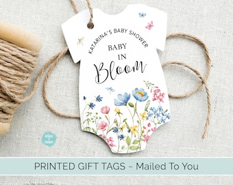 Baby In Bloom Baby Shower Favor Tags | Personalized Little Wildflower Bodysuit Party Favors, Baby Sprinkle Gift Tags 101B