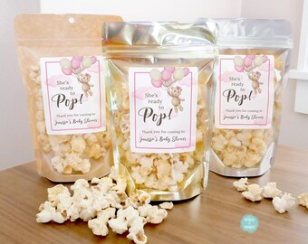 Baby Shower Favor Bags With Stickers, Teddy Bear with Balloons Popcorn Favor Bags, Stand Up Pouches, We Can Bearly Wait Treat Bags WT005P