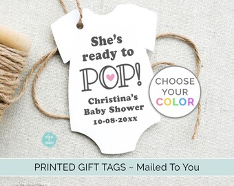 ¡Ella está lista para explotar! Etiquetas de favor de baby shower / Etiqueta de favor de palomitas de maíz, body personalizado de una pieza, etiquetas de regalo de favor de fiesta de cartulina