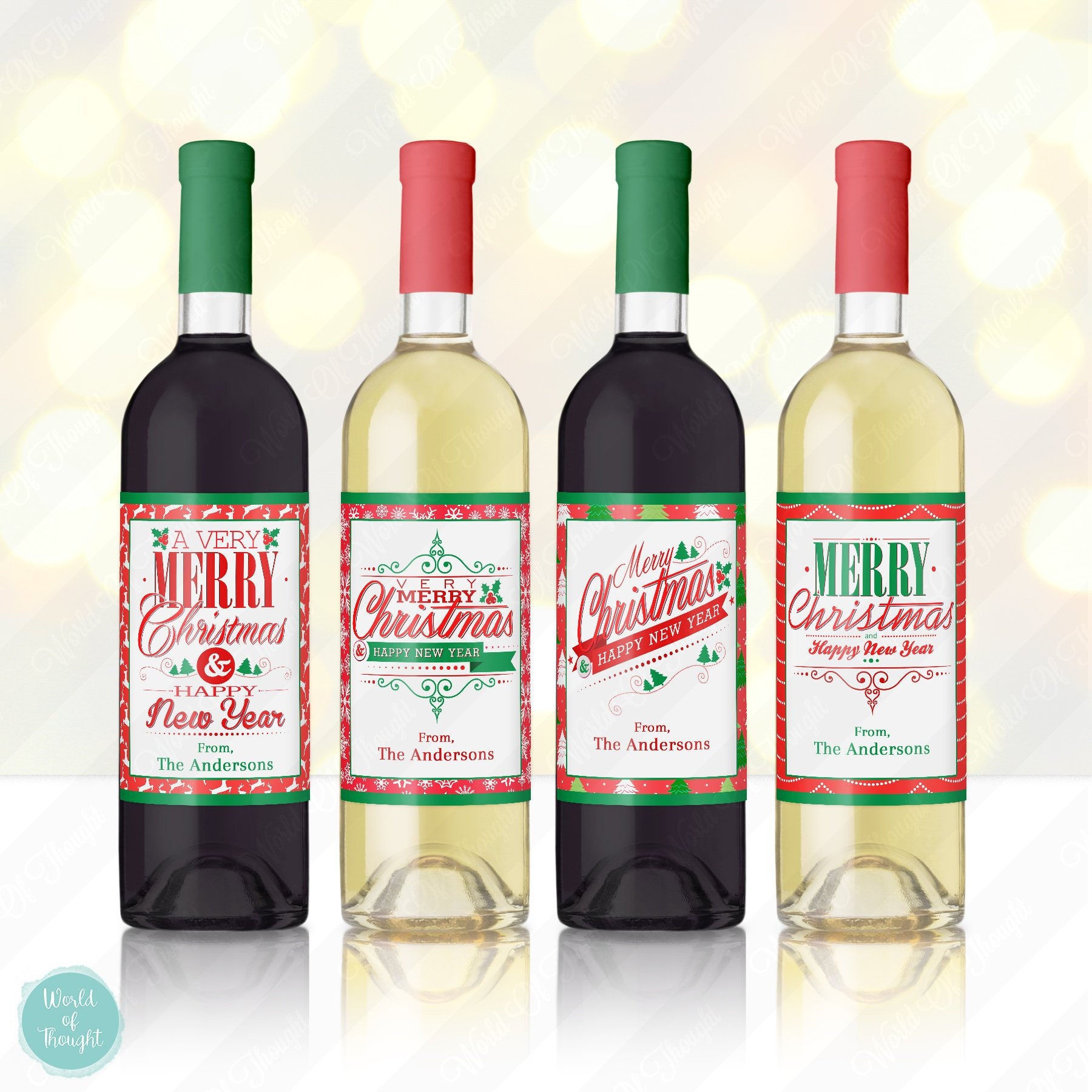 Personalized Merry Christmas Wine Label Set | Custom Festive Happy Holiday Wine Bottle Stickers Favor | Neighbor Co-worker Present Gift Idea