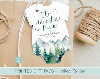 The Adventure Begins Baby Shower Favor Tags | Mountains and Trees, Custom Personalized Bodysuit One Piece Cardstock Party Favor Tags