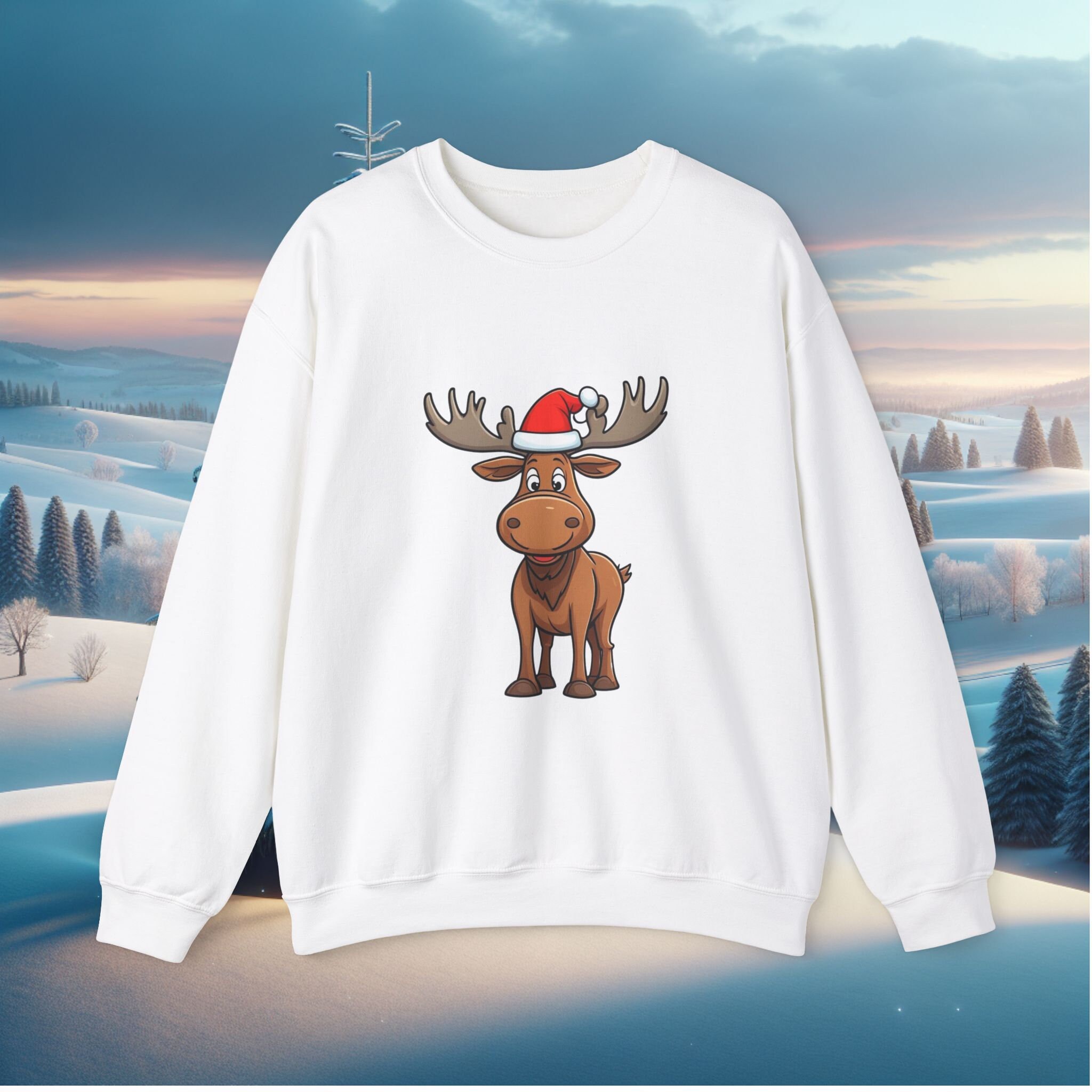 Holiday Crewneck Sweatshirt Moose With Santa Hat Pullover Unisex  