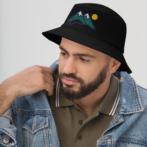 Mountain Embroidered Bucket Hat, Outdoor Adventure Style, Summer Hat, Unisex Sun Protection, Gift for Hikers, Beachwear